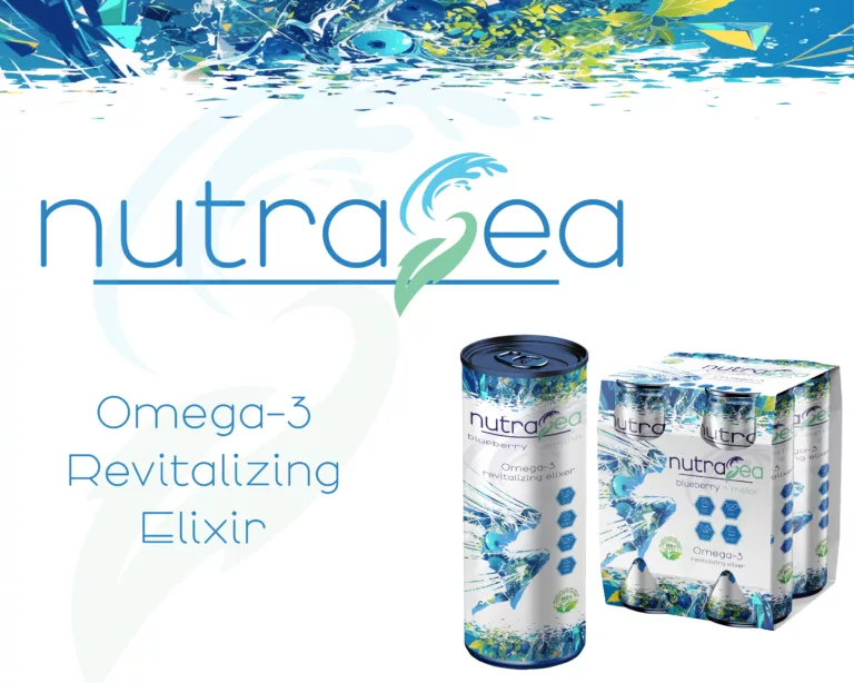 An image of nutrasea omega-3 drink, with cans in a 44-pack and a single can in front